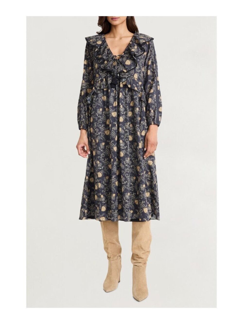 NWT THE GOOD JOURNEY Ruffle Floral Long Sleeve Cotton Midi Dress Size S